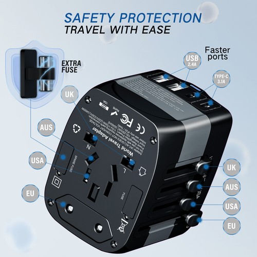 Adaptador de viaje universal para todo el mundo enchufe 2 puertos USB inteligentes + 2 carga rápida tipo C - Imagen 4 de 8