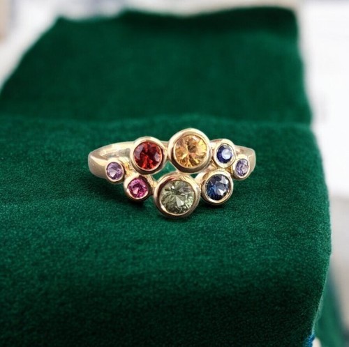 Multi Sapphire Bubble Gemstone Wedding Ring lab Created 14k Gold Ring For Her - Picture 2 of 6