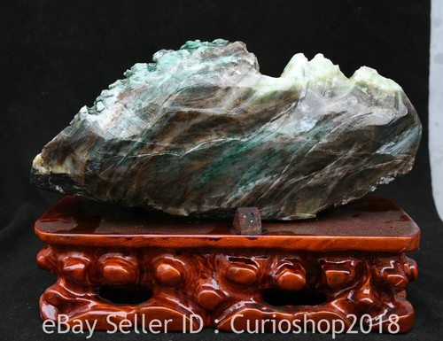 12" Old Chinese Dushan Jade Carving Mountain Water Ship Pine Tree Sculpture - Picture 12 of 12