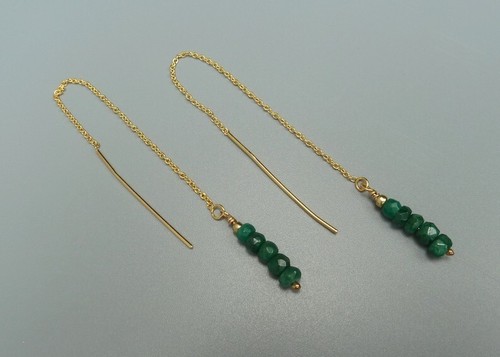 Green Emerald Faceted Rondell Handmade Gold Plated Chain Threader Drop Earrings - Picture 13 of 15