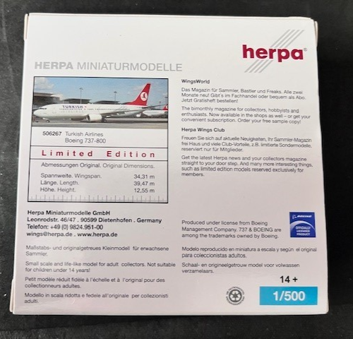 Herpa 1:500 Turkish Airlines- Boeing 737-800TC-JFL MIB - Picture 2 of 6