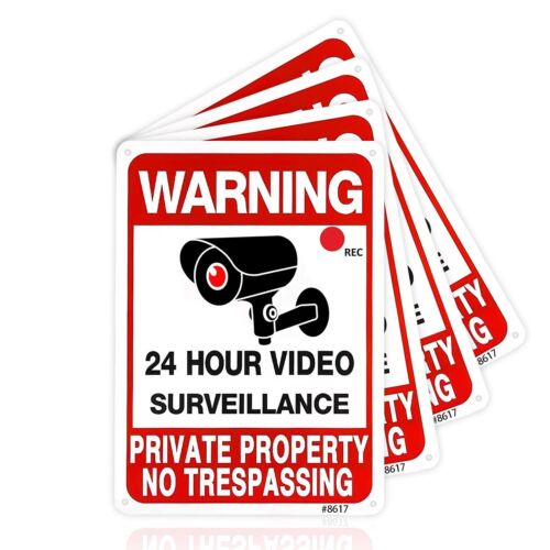 4 Pack No Trespassing Signs Private Property Metal 24 Hour Video Surveillance...