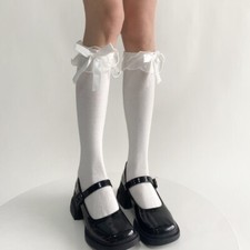 Women Student Long Calf Socks Japanese Ruffle Trim Bowknot Knee Length Stockings