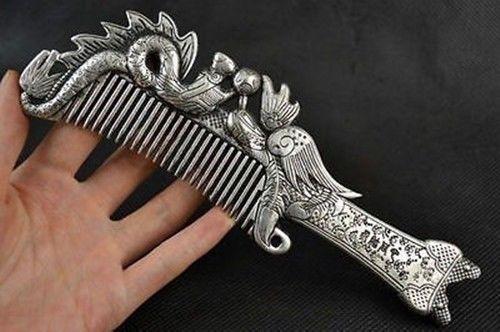 Collectibles China Miao Silver Carving Dragon Phoenix Comb - Picture 2 of 3