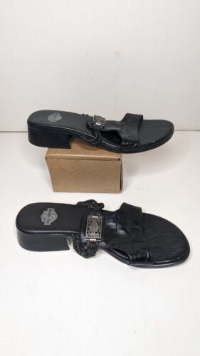 Harley Davidson Größe 6 offene Zehenpartie Leder Slipper Sandalen Damen Keilabsatz schwarz - Bild 3 von 9
