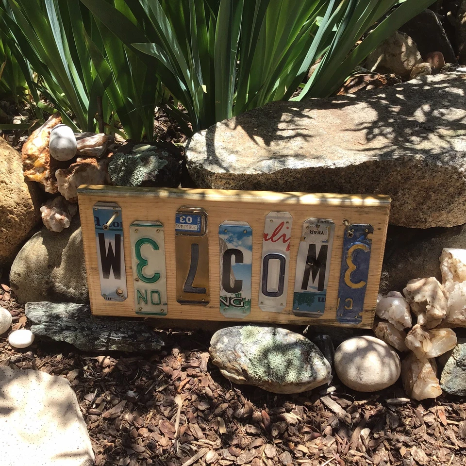 Handmade Salvage Bluestain Pine / Used License Plate Welcome Sign / Wall Art - Image 3 of 4