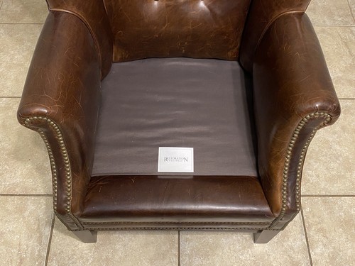 Excellent RESTORATION HARDWARE Fine Leather Wingback Chair w/ Studded Nailhead - Picture 12 of 14
