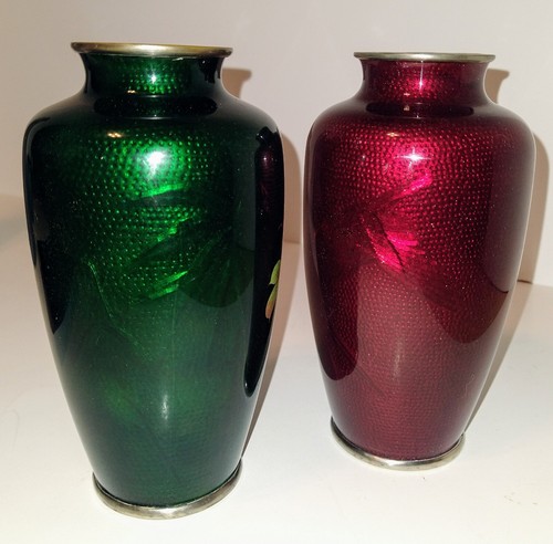 2 Japan Japanese Pigeon Blood Red Green Cloisonne Ginbari Foil Vases Meji Ando? - Picture 3 of 22