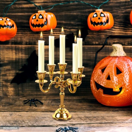 5 Arm Gold Gothic Metal Candelabra Candle Holders Gift Centerpiece Set of 2 - Picture 5 of 11