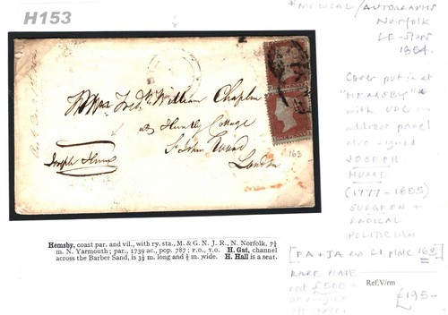 GB SG.17 Cover 1854 C1 Plate 163 {2} Signed JOSEPH HUME Norfolk Hemsby UDC H153 - Picture 3 of 9