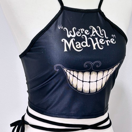 Alice in Wonderland Chesire Cat Smile We’re All Mad Here Black Backless Crop Top - Picture 8 of 11