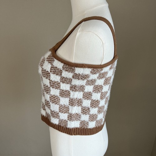 Hazel Moon Brown Cream Checkered Fuzzy Soft Sweater Cami Crop Top Size Large - Picture 2 of 11