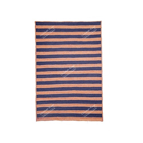 Beige Jute Rug With Navy Blue Stripes Line Rug Vintage Custom Size Dhurrie Rug - Picture 2 of 9