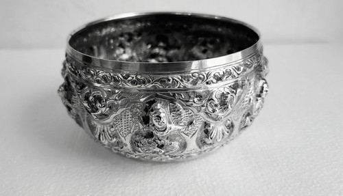Antique 900 Silver Burma Myanmar Siam Thai Alms Beggar Bowl Repousse Signed - Picture 4 of 9