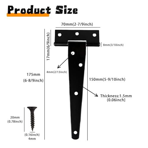 T-Strap Hinges 4PCS Gate Hinges Heavy Duty for Wooden Fences, Black Shed Door - Picture 4 of 5