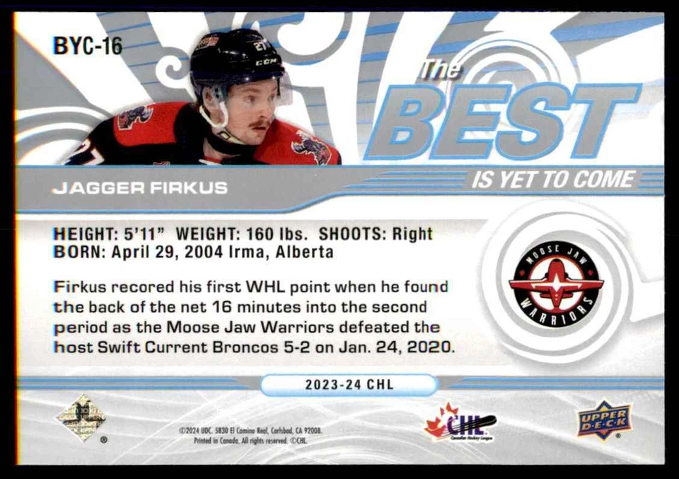 2023-24 UPPER DECK CHL THE BEST JAGGER FIRKUS MOOSE JAW WARRIORS #BYC-16 - Image 2 of 2