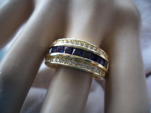 Vintage Jewellery Gold Ring with Blue White Sapphires Antique Deco Jewelry 12 Y - Picture 5 of 9
