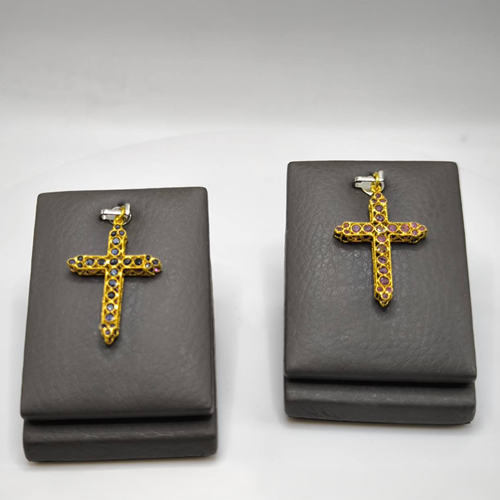 14K gold reversible Thai Styled cross charm (Rubies and sapphires)