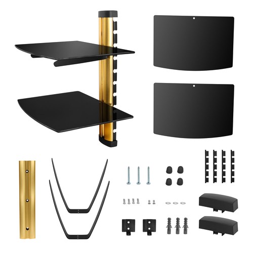 2 Tier Dual Glass Shelf Wall Mount Under TV Cable Box Component Dvr Dvd Bracket - Picture 15 of 21