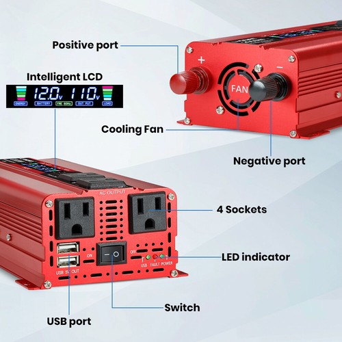 Inversor de corriente 2000 W 12 Vdc a 110 Vac 2 USB (2 + 2 AC) LCD coche RV adaptador convertidor - Imagen 2 de 9