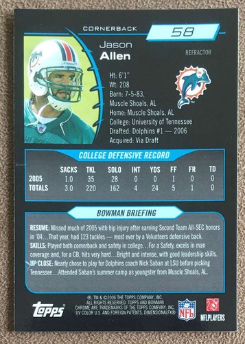2006 Bowman Chrome Refractor #58 Jason Allen Rookie Miami Dolphins Parallel RC - Picture 2 of 2