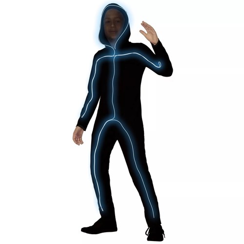 Jungen XL (14-16) leuchtender blauer Strichmännchen Body mit Kapuze Halloween Kostüm