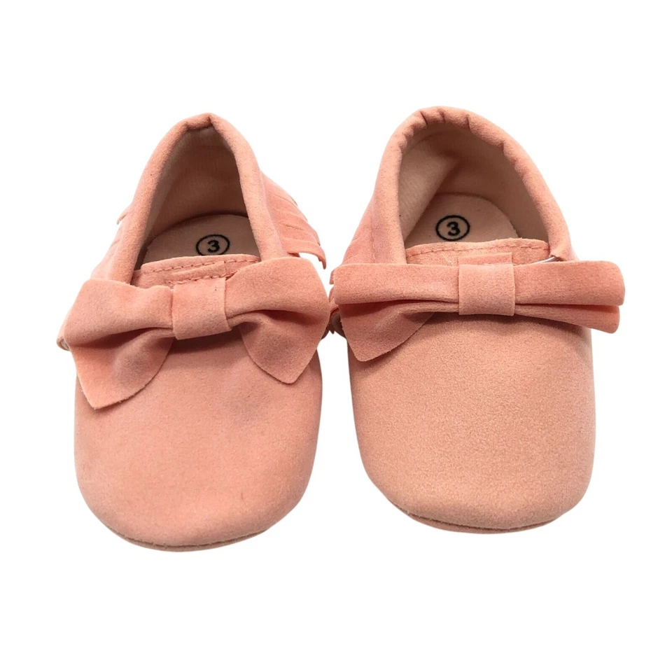 Sapatos mocassim bebê meninas camurça sintética chinelo franja arco rosa tamanho 3 - Imagem 2 de 4
