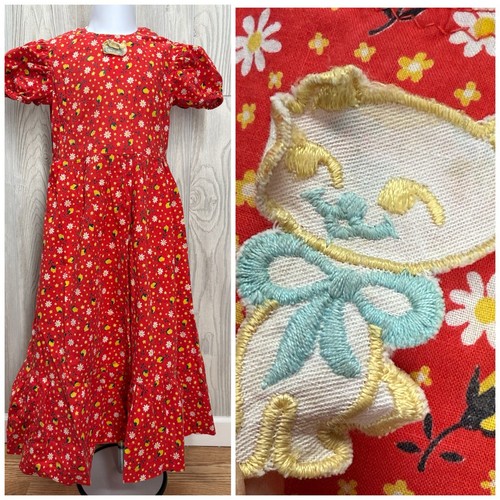 VTG Kids Girls Dress Red Floral Kitty Cat Prairie Hippy 60's 70's FLAWS Sz4ish?