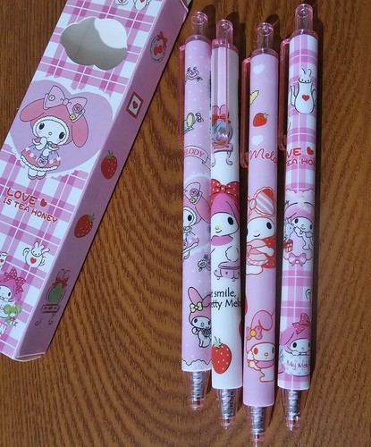 Pluma de tinta negra con punta de aguja Sanrio 4 piezas Kawaii My Melody Hello Kitty rosa y blanco - Imagen 3 de 5