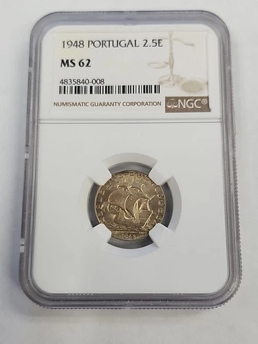 1948 Portugal 2.5 Escudos Silver Ngc Ms62