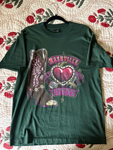 90s Fruit of the Loom Best Nashville Country Music Graphic Green T-Shirt Size L - product listing photo