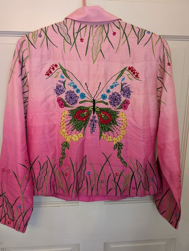 Vintage Anage Seide ombre rosa Schmetterling bestickt Perlen durchgehender Reißverschluss Jacke Gr. M neu mit Etikett - Bild 4 von 7