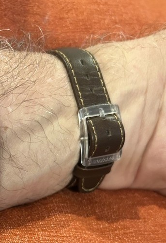 Vintage 2009 Swatch Day/Date Silver & Pale Blue Dial w/ Brown Leather Band - Bild 5 von 5