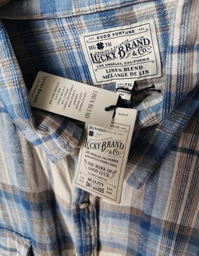 Lucky Brand Men's XXLarge Blue White Plaid Linen Viscose Pearl Snap Shirt NWT - Picture 5 of 13