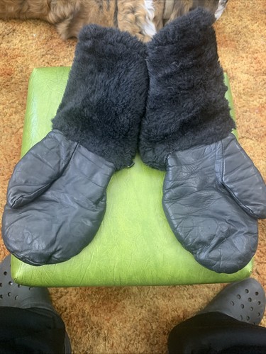 Vintage Cowhide Leather Snowmobile Mitts Size Large Black Shearling Lined Nice