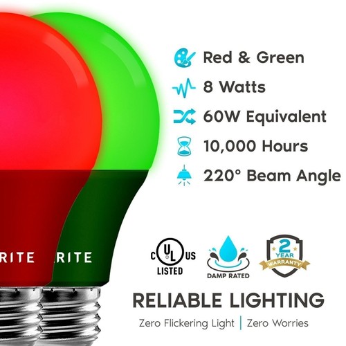 Luxrite A19 Christmas LED Red and Green Light Bulb 60W Equivalent UL E26 2 Pack - Picture 6 of 6