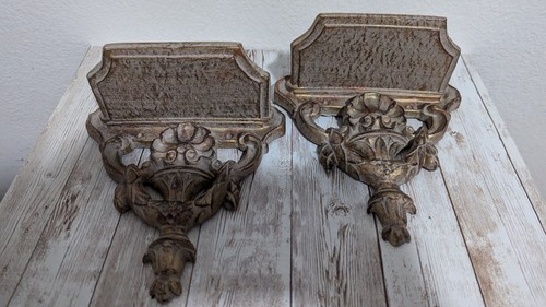 Vintage Paar Kunstharz geschnitzte Kunstholzoptik Wandregale gewaschen grau auf gold - Bild 4 von 10