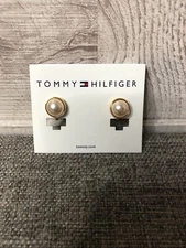 Tommy Hilfiger White Pearl Like Stone Gold Tone Clip On Earrings Fashion Jewelry
