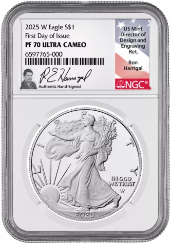 2025-W Proof Silver Eagle FDI NGC PF70 UCAM Ron Harrigal Signed