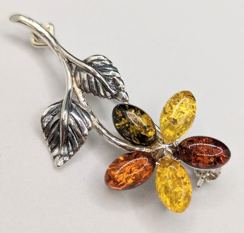 New 925 Sterling Silver 3 X Colour Natural Amber Flower Floral Brooch Clasp Pin - Picture 2 of 8