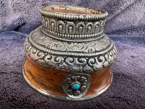 Beautiful Antique Tibet Asian Cup or Bowl Metal & Wood 3 Semi Precious Stones - Picture 8 of 14