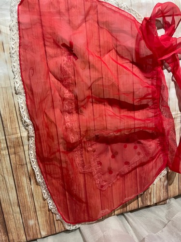 Vintage Ladies Sheer Red Nylon Christmas Half Apron Lace Trim Polka Dot Tree - Picture 4 of 4