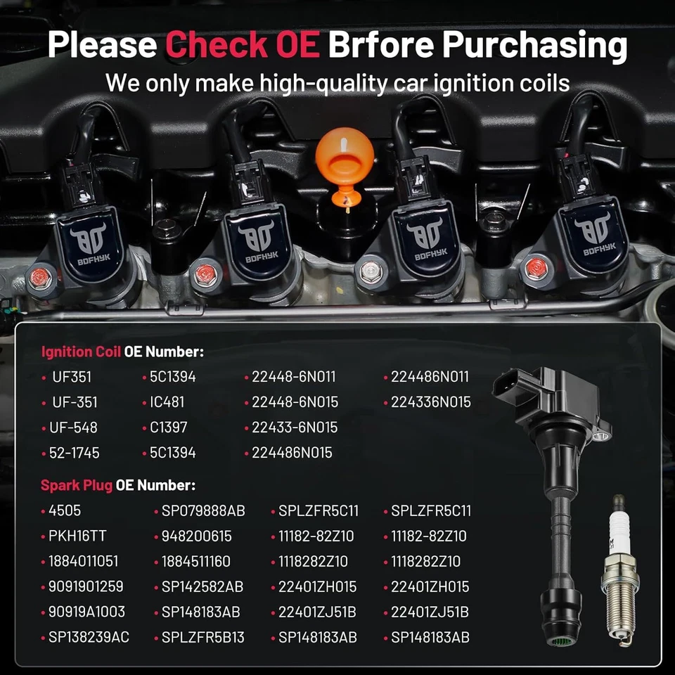 UF351 4X Ignition Coils + 4X Spark Plugs for 2001-2006 Nissan Sentra Altima 1.8L - Image 4 of 4