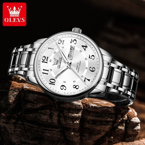 OLEVS Men's Watch Calendar Week Display Waterproof Stainless Steel Wristwatches - 第 5/11 張圖片