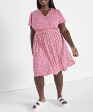 LANE BRYANT WOMEN'S PINK SHORT SLEEVE SMOCKED WAIST FIT & FLARE DRESS Sz 10/12