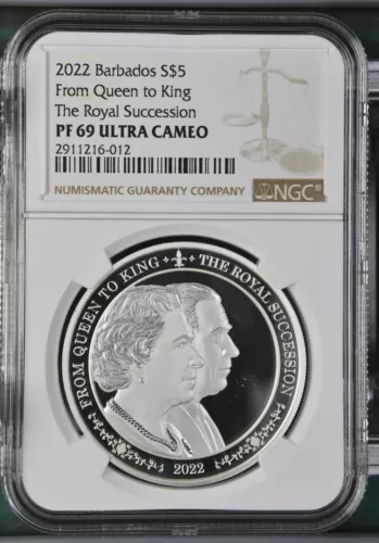 2019 Barbados FROM QUEEN TO KING SUCCESSION Silver $5 S$5 PF69 Ultra Cameo NGC