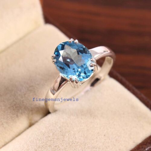 Natural Blue topaz Oval Gemstone with 925 Sterling Silver Ring for women's #380 - Picture 2 of 5