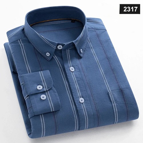 Long-sleeve Shirts Men Plain Shirt 100%cotton Plaid Striped Tops Soft Clothes - Picture 20 of 50