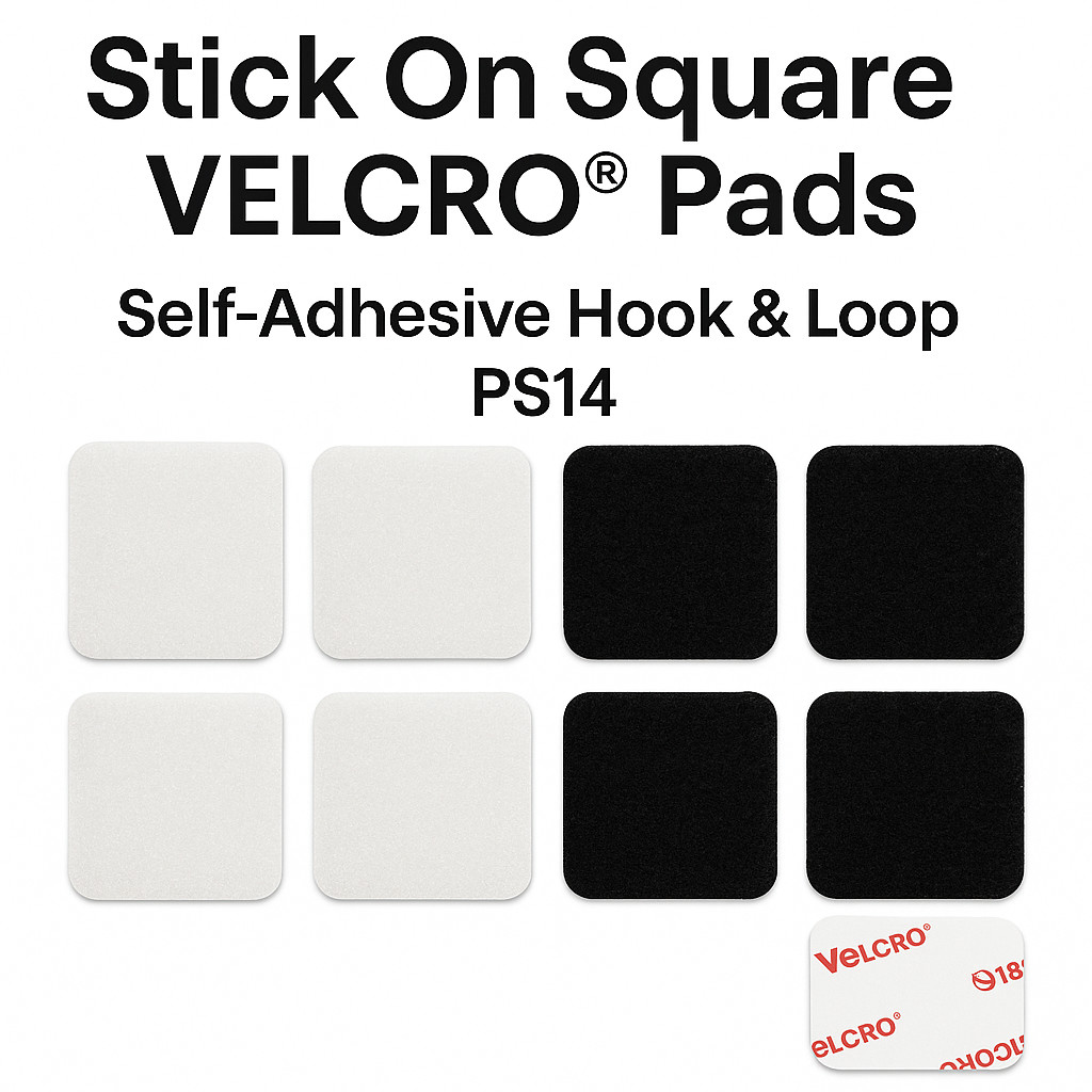 VELCRO® Sticky Pads – Square Hook & Loop – PS14 Adhesive – Black or White