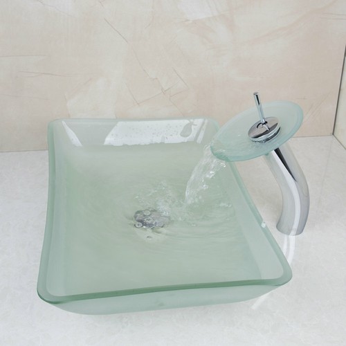 Bathroom Scrub Rectangle Tempered Glass Vessel Sink Bowl Waterfall Faucet Set - Picture 3 of 10